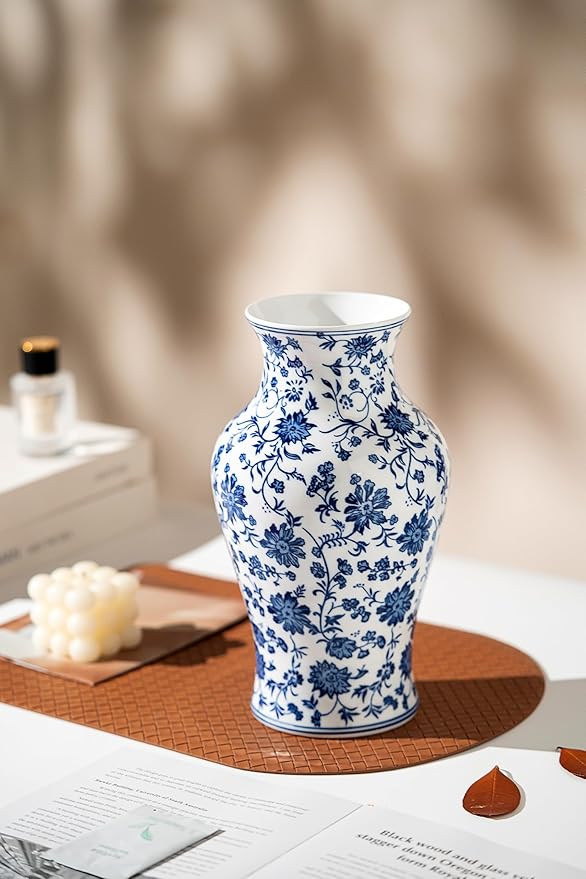 Blue and White Porcelain Décor, Blue and White Vase, Blue Vase, Chinoiserie Vase, Blue and White Ginger Jar Vase for Home Decor,Flower Vase,11" H