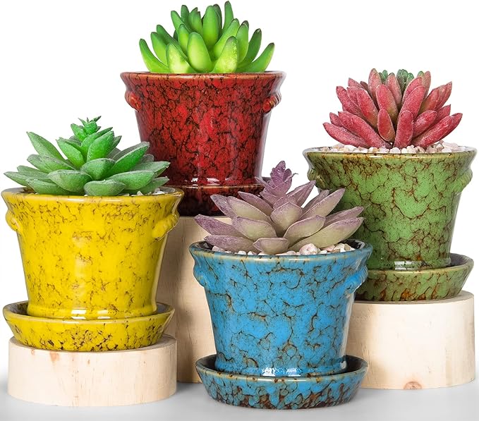 ARTKETTY Succulent Pots - 4.2 Inch Ceramic Succulent Planters Pots with Drainage Small Flower Pots for Indoor Plants Cactus Bonsai Plants Container Set of 4