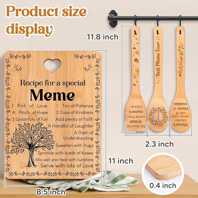 Meme Gifts - "Recipe for a Special Meme" Meme Gifts for Grandma Cutting Board Set, Bamboo-Made Engraved Utensil Set Gifts for Meme Cutting Board, Best Meme Ever Gifts.