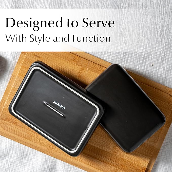 MIAMIO - Ceramic Butter Dish with Lid for Countertop, Holds 2 Sticks of Butter/Butter Holder and Container with Ceramic Lid, Butter Dish for Refrigerator (Black)