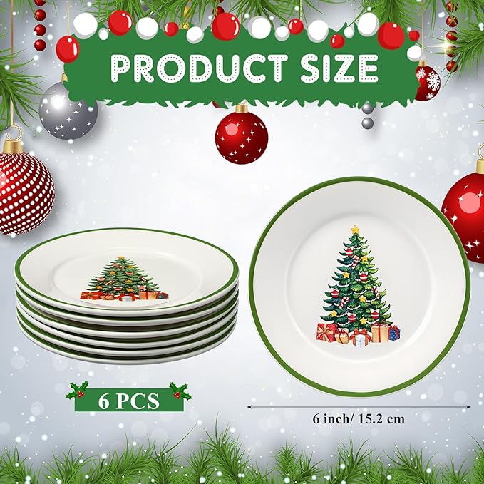 Honeydak 6 Pcs 6 Inch Christmas Plates Ceramic Xmas Tree Decorations Porcelain Plate Green Appetizer Salad Dessert Dinner Dishes for Holiday Party Tableware Supplies Table Decoration