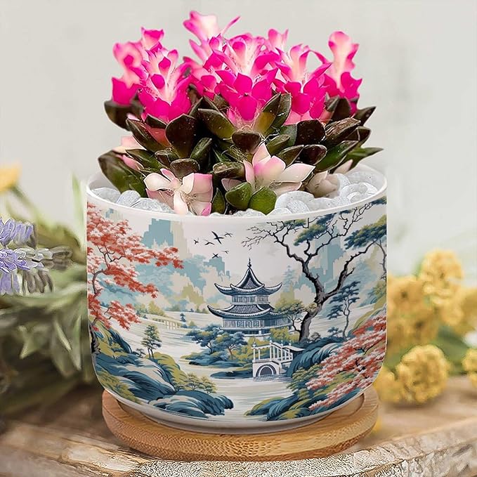 2 Piece Ceramics Planters for Indoor Blue Asia Tiered Tower Coral Pink Flower Small Ceramics Planter Chinoiserie Garden Scenery Succulent Planters Chinoiserie Chic Asian Plant Pot