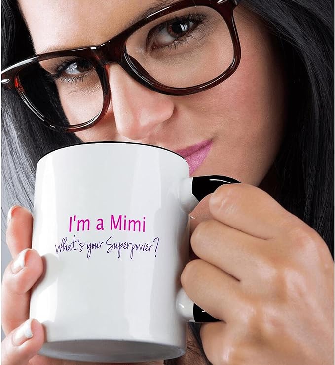 3dRose Im a Mimi. Whats your Superpower - hot pink - funny gift for grandma 15oz Two-Tone Black Mug