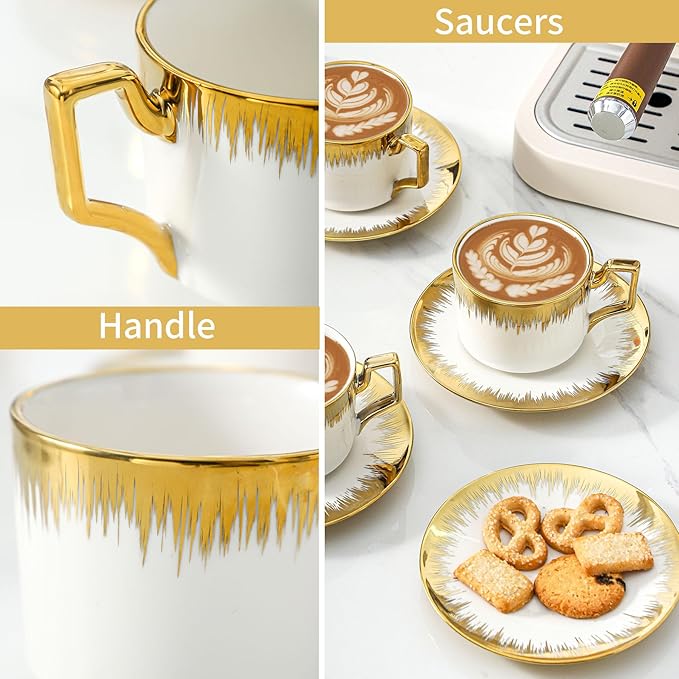 LETAOTAO Cappuccino Cups with Saucers, 8.5 oz Stackable Ceramic Coffee Cup and Saucer with Gold Trim, Turkish Coffee Cups Set for Double Espresso, Tea Cups Set of 6, White
