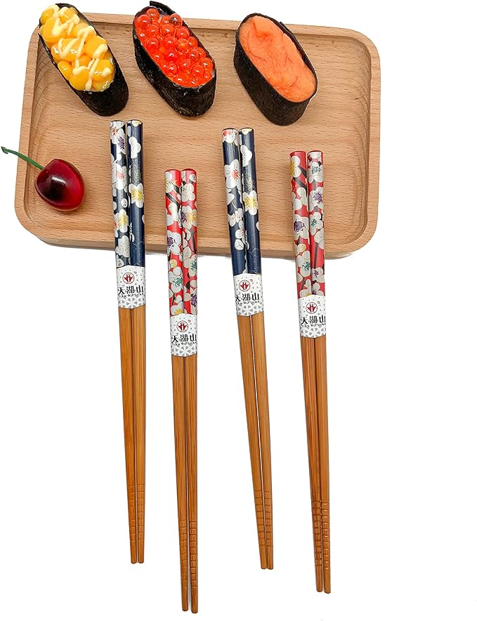 10 Pairs Reusable Bamboo Chopsticks, Spring Blooming Sakura Pattern Natural Bamboo Wood Chopsticks, 8.8Inch/22.5cm Polybag packing by LANHUTHS