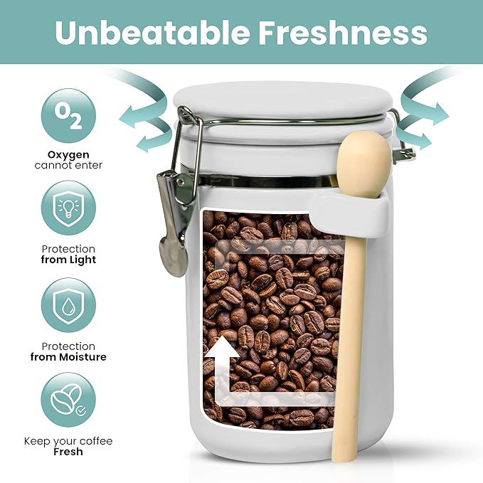 Home Intuition 4-Piece Ceramic Kitchen Canisters Set, Airtight Containers with Wooden Spoons Reusable Chalk Labels and Marker for Sugar, Coffee, Flour, Tea (White)