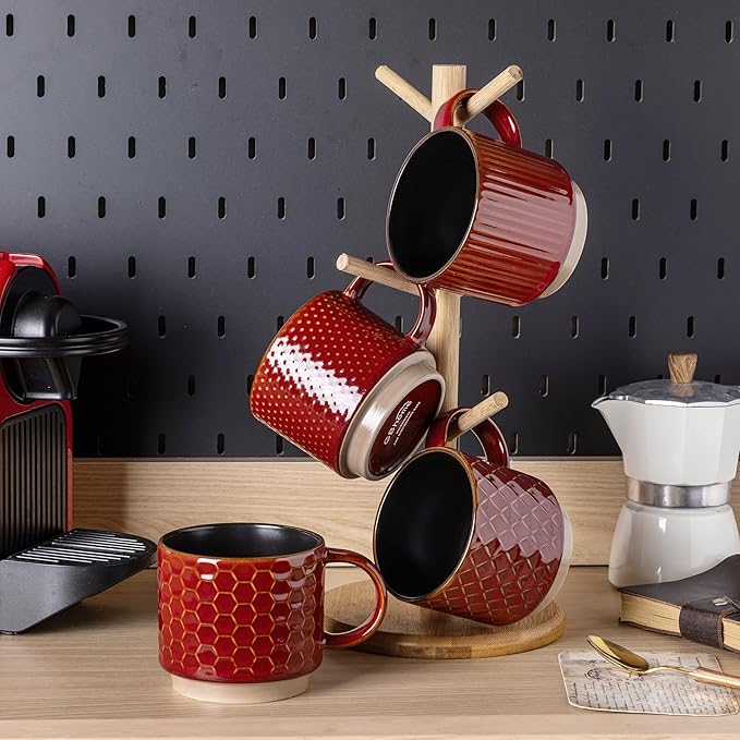 GBhome 12 OZ Stackable Coffee Mugs Set of 4, Ceramic Coffee Cups with Texture Patterns for Man,Woman,Dad,Mom, Modern Mugs Set for Latte/Cappuccino/Cocoa. Dishwasher&Microwave Safe, Red