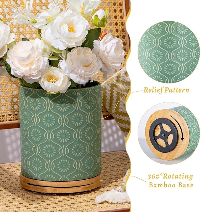 TEATALK Ceramic Utensil Holder Set, 360° Rotating Organizer for Countertop, Farmhouse Vintage Style, Large and Small Crocks in Green，7.7"+5.7"