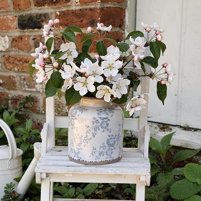 Blue Camellia Chinoiserie Vase, 6.2” Crackled White Ceramic Vase with Antique Distressed Edges, Hand-Painted Vintage Floral Vase for Home Decor, Farmhouse Table Centerpiece (Blue, 6.2")
