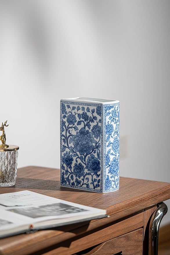 Blue and White Book Vase, Chinoiserie Ginger Jar Flower Vase for Home Decor Tabletop, Blue and White Porcelain Décor,8" H