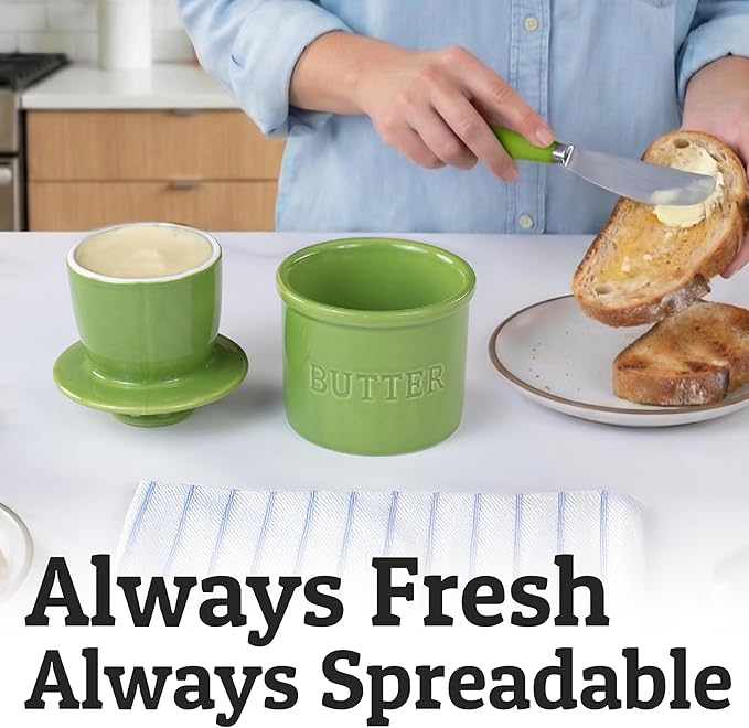 PriorityChef Butter Crock with Lid with Water Line, Ceramic French Butter Dish to Leave On Counter, Green