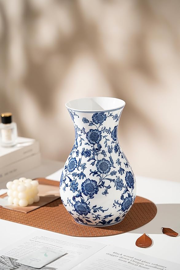 Blue and White Vase, Blue Sunflower Pattern Vase, Chinoiserie Vase, Blue and White Ginger Jar Vase for Home Decor,Flower Vase, Blue and White Porcelain Décor,11" H
