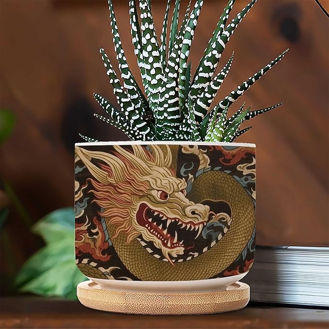 Antique Chinoiserie Dragon Ceramics Pots for Plants Set of 1 Dragon Gold Oriental Style Asian Flower Pot Planter with Drainage Bamboo Trays Chinoiserie Small Ceramics Plant Pot
