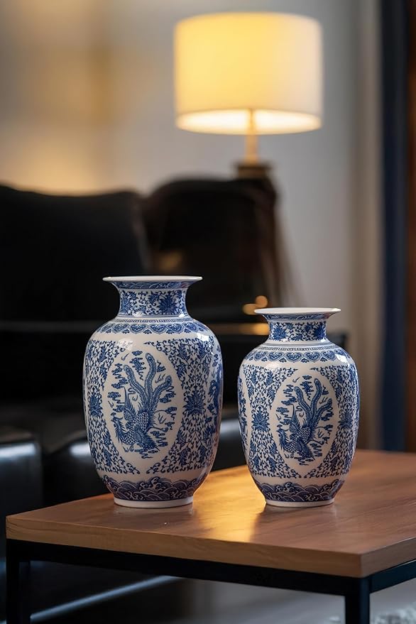 Blue and White Vase, Chinoiserie Porcelain for Living Room Shelf, Entryway Decor & Blue and White Home Centerpiece, Blue Vases Home Décor,11" H