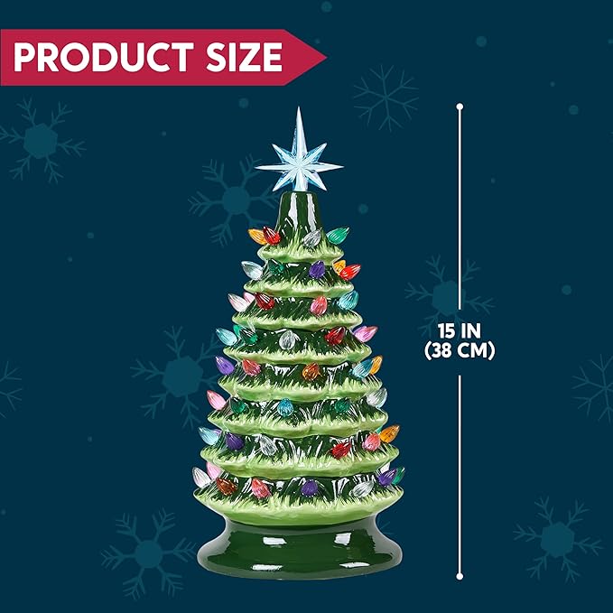 JOIEDOMI 15" Ceramic Christmas Tree, Table Top Christmas Tree with Star Topper, Vintage Pre-lit Xmas Decor with Multicolored LED Lights, Hand-Painted Xmas Decorations Indoor Home Office