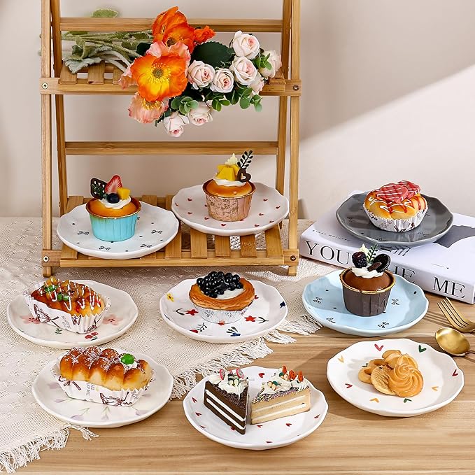 Koythin Ceramic Dessert Plates, Cute Fruits Dinner Plate, Creative Plates Design, Printed Flowers Dinnerware for Office and Home, Kitchen Plates for Desserts (Colorful Little Hearts)