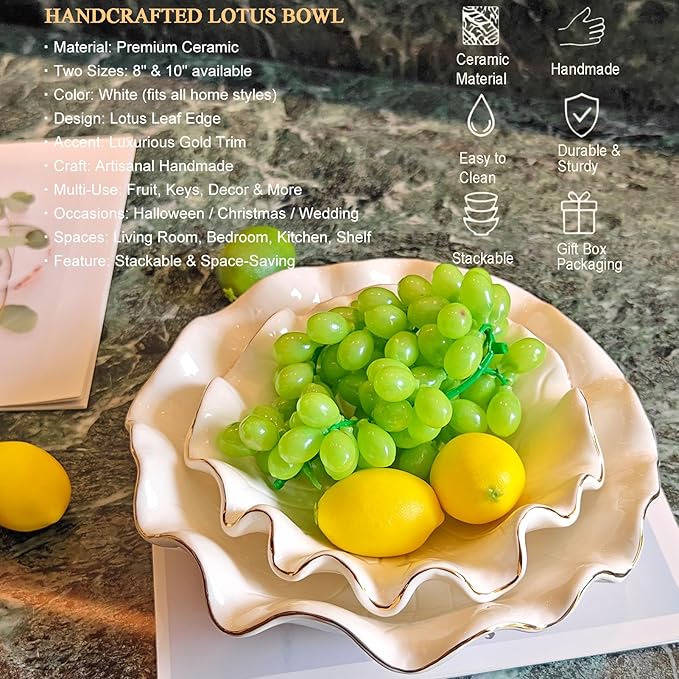 Handcrafted 8" White Ceramic Ruffle Bowl with Gold Trim – Modern Lotus Design, Small Shallow Decorative Bowl for Kitchen Counter & Key Holder for Entryway Table, Catch-All for Home Decor