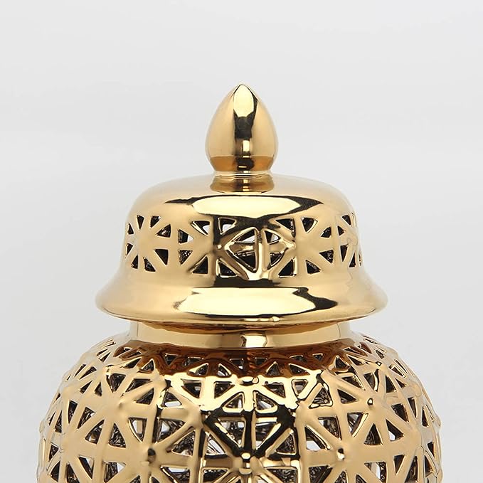 Noori Home - 100% Modern Glam Artisan Ceramic ARIA Large Gold Ginger Jar Urns with Lid 8.75x8.75x16.5