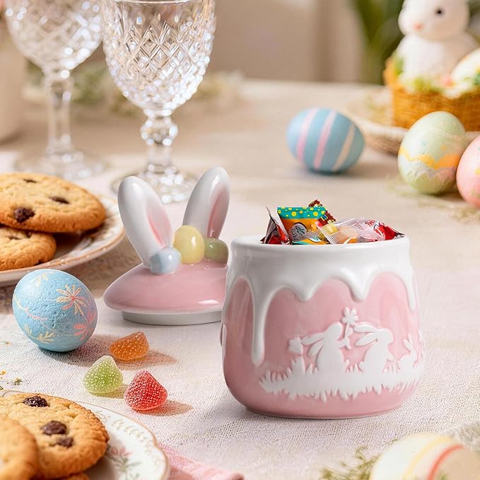 Bunny Cookie Jar, Easter Candy Jar with Lid, Embossment Bunny Decorative Ceramic Storage Container Jar, Pink and White Easter Bunny Decorations for Home Kitchen Indoor Best Easter Gift