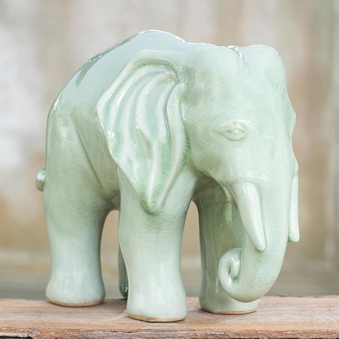 NOVICA Green Good Luck Celadon Ceramic Sculpture, 9.25" Tall 'Elephant Grace'