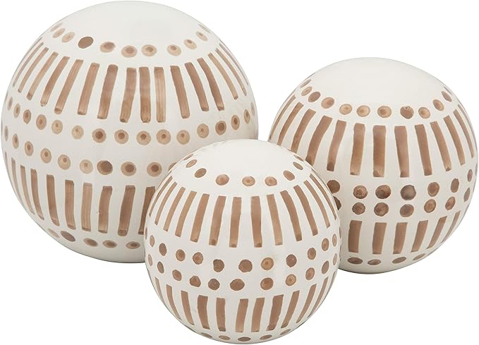 Ceramic Decorative Orbs – Sculptural Decorative Balls for Layered Tabletop Decor, Living Room and Shelf Placement, Boho Pattern Design Home Decor Decorative Objects – 6", 5", 4", Brown and White