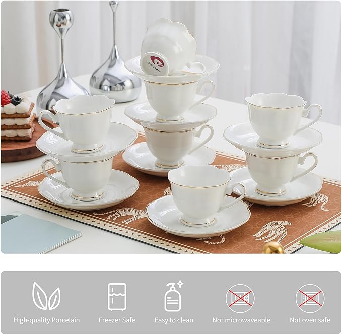 White Porcelain Demitasse Set of 8 (16-Piece) - 2.5oz Espresso Cups & Saucers, Elegant White & Gold Trim Coffee Set for Turkish Coffee, After Dinner, Gift Giving