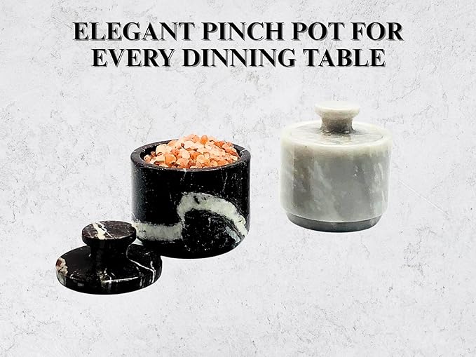 Premium Marble Salt Cellar with Lid 2 Pack | 3.5 oz Kitchen Storage Container | Elegant Cooking Salt Box | Spice Jar Keeper for Counter (White Black Zebra)