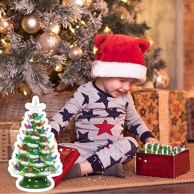 VCUTEKA Small Ceramic Christmas Tree Hand-Painted Vintage Tabletop Green White Christmas Tree Holiday Decoration with Multi-Color Lights Xmas Trees 12 inch