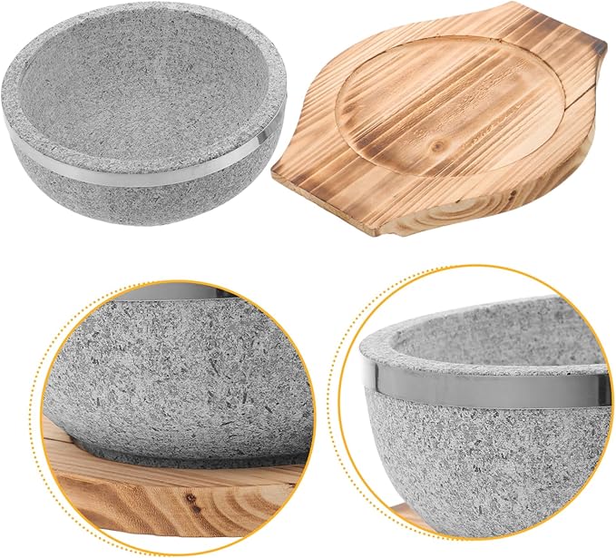 1set Korean Stone Pot - Natural Stone Bowl for Authentic Dishes No Coating Wood Base for Bibimbap Soup and Stews