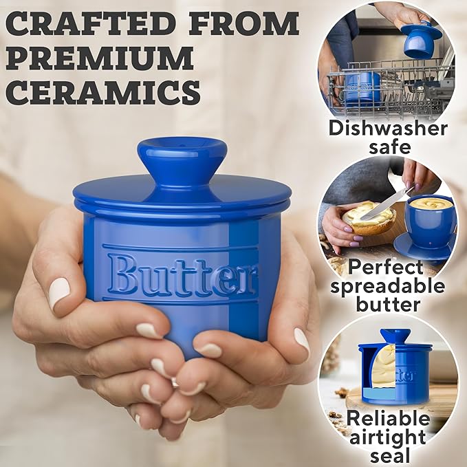 Premium Butter Crock with Lid - Original Design French Butter Dish - Beautiful Ceramic Butter Keeper for Counter with Water Line - Perfect to Keep Butter Soft and Spreadable - Dark Blue
