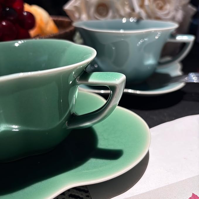 Ceramic Lotus Flower Cup and Saucer Set, Glazed Finish, Tea Cup with Matching Saucer, Green and Teal (Sky blue glaze)