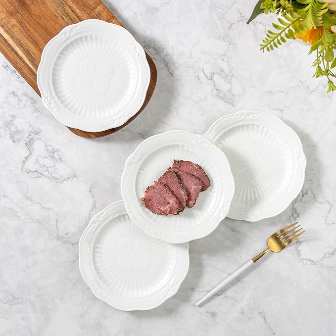 White Small Dessert Plates Set of 4,Ceramic Dinner Dishes 6 Inch for Appetizer, Fruits, Cake, Salad,Microwave Safe,Christmas Gift