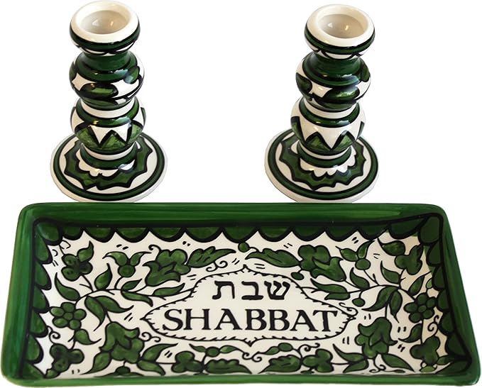 Holy Land Market Shabbat Candlestick Set - Colorful Ceramic Candlesticks with Matching Plate for Shabbat and Holidays (Green)