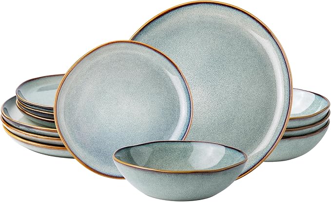AmorArc Ceramic Dinnerware Sets,Handmade Reactive Glaze Stoneware Plates and Bowls Sets,Highly Scratch Resistant | Dishwasher & Microwave Safe Dishes Set,Service for 4 (12pc)