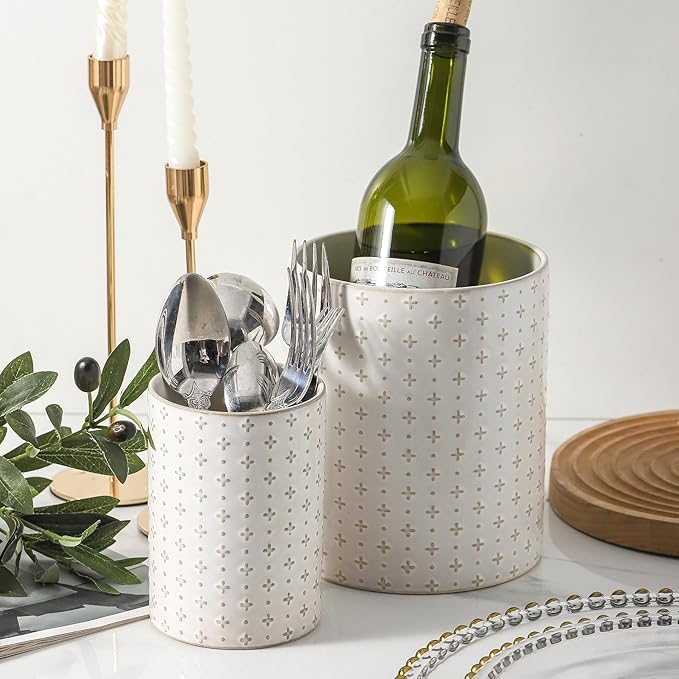 Kitchen Utensil Holder for Countertop, 7.1" + 5.3" Ceramic Cooking Utensil Holder Set of 2, Large Utensil Crocks, Morden Kitchen Tool Tolder for Spatula, Arctic White