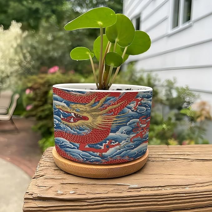 Dragon Chinoiserie Planters Ceramic Asian Inspired Round Plant Pot with Drainage Holes and Bamboo Tray Pot for Outdoor Garden Home Plant
