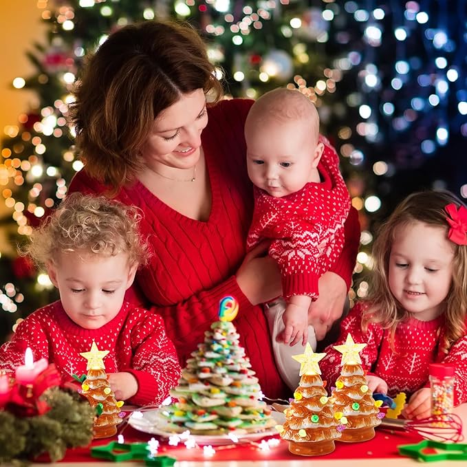 Leinuosen 6 Set Mini 4 Inch Ceramic Christmas Tree with Multicolored Lights Xmas Tree Hanging Light up Ornaments Pre Lit Hand Painted for Tabletop Home Office Table Holiday Decorations(Khaki,Star)