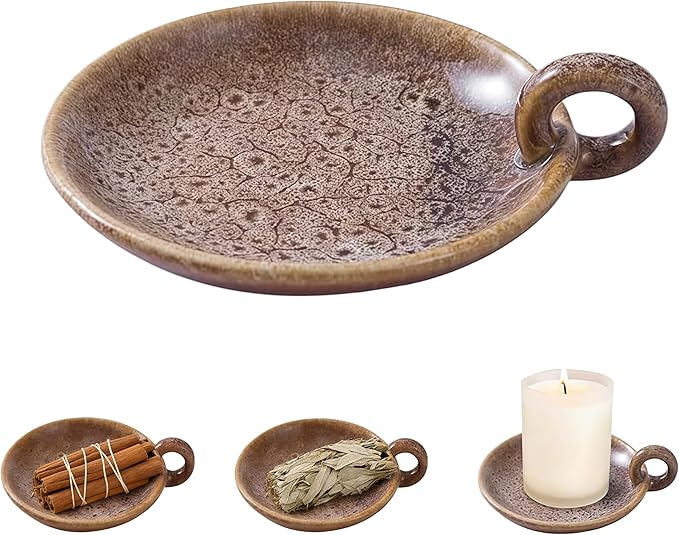 Vintage Ceramic Pillar Candle Holder Round Farmhouse Candlestick Holders with Handle, Decorative Incense Tray for Meditation Room, Table Centerpiece & Home Decor (Khaki)