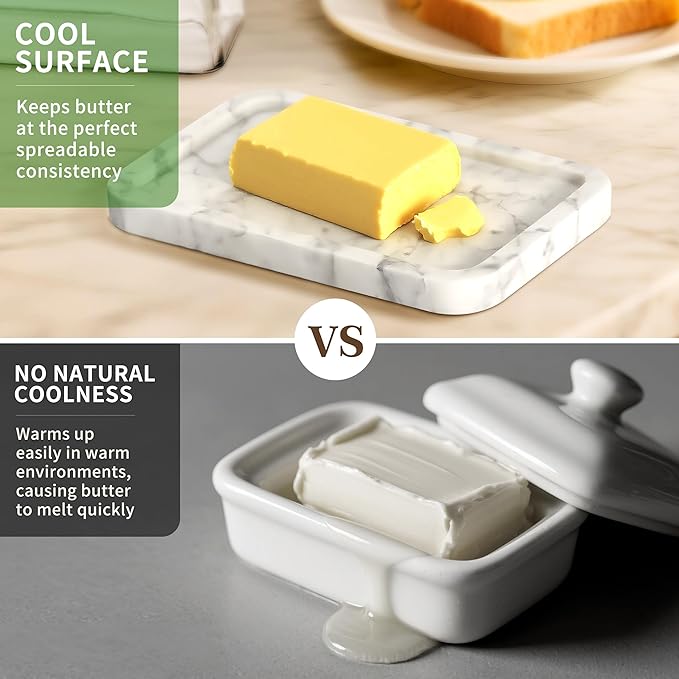 Marble Butter Dish with Lid, Elegant Large Capacity Butter Holder for Countertop & Refrigerator – Natural Cool Surface Keeps Butter in an Ideal Spreadable State – White Butter Container