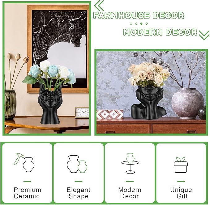 Sieral 3 Pcs Ceramic Face Vase Female Form Flower Modern Body Vase for Decor with Head Half Body Bust Centerpiece for Table Shelf Home Bedroom Room Office(Small,Black)
