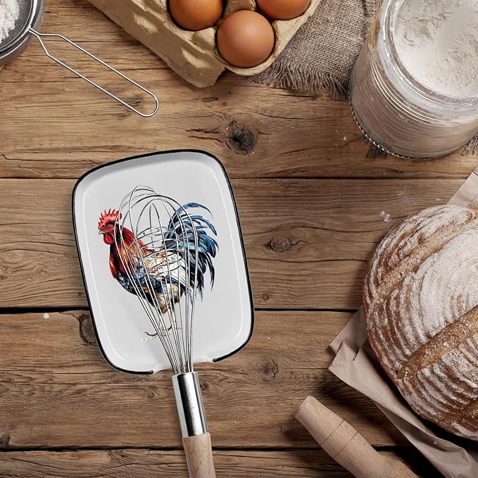 Funny Cute Rooster Ceramic Spoon Rest - Large Heat Resistant Kitchen Utensil Holder for Stove & Countertop - Farmhouse Decor, Chicken Themed Cooking Accessory - Perfect Housewarming Gift ﻿