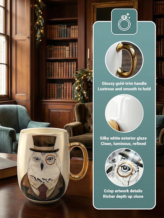 Large 24oz Ceramic Coffee Mug with Gold-Trim Handle, Oversized Porcelain Mug for Coffee, Tea & Hot Chocolate, Hand-Painted Artisan Style, Lead-Free, Gift-Ready Box, Hand Wash Only, Not Microwave Safe