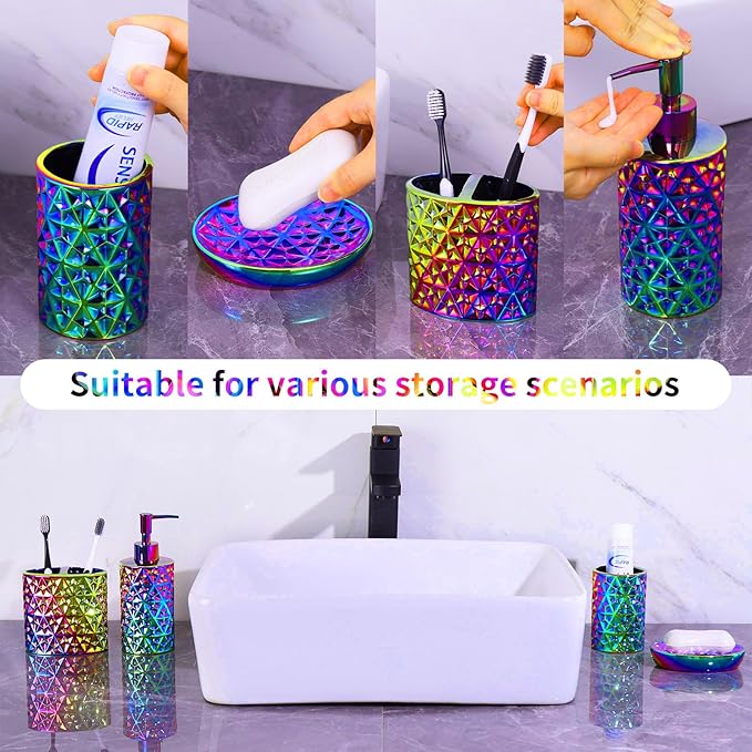 Colorful Bathroom Accessories Set 4 Pcs, Lotion Soap Dispenser, Soap Dish, Toothbrush Holder, Tumbler, Countertop Vanity Organizer for Bathroom Accessory Set