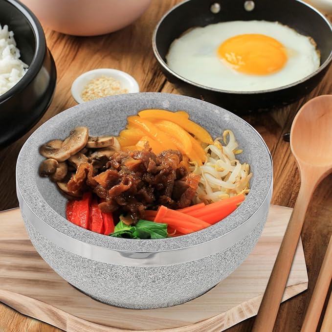 Stone Bowl with Wood Base 14cm Korean Stone Pot for Bibimbap Soup Rice Serving Traditional Asian Soup Bowl for Home Kitchen