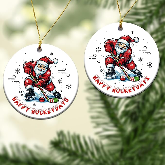Ice Hockey Christmas Ornament -Round Ceramic 3", Holiday Tree Decoration Keepsake, Hockey Player Christmas Gifts for Boys Girls