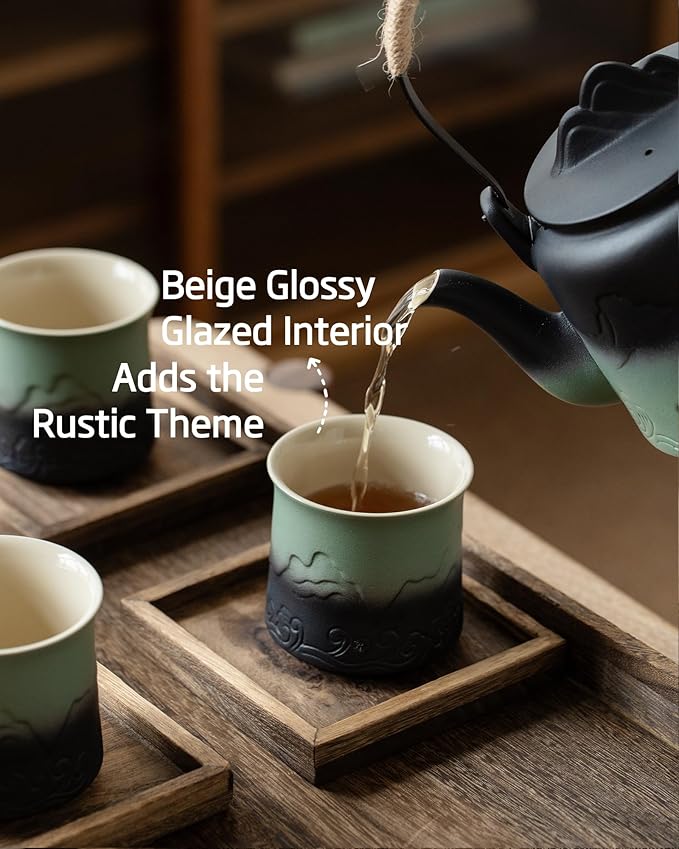ZENS Japanese Tea Cups Set of 4, Embossed 8 oz Ceramic Japan Tea Cup for Hot Tea or Matcha, Japanese Style Handle-less, Occupied Japan Tea Cup, Moss Green