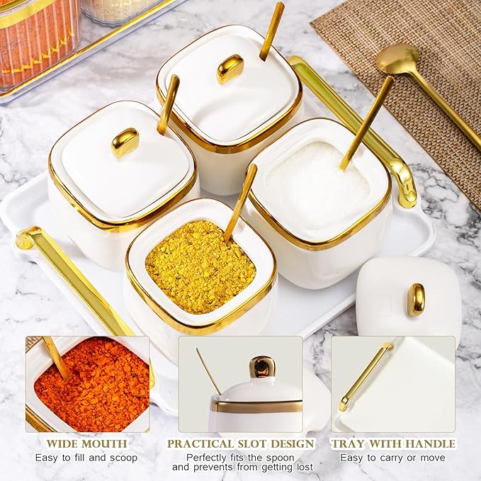 4 Pack Gold Condiment Spice Jars with Lids, Spoons, Tray - Ceramic Seasoning Box Set for Salt, Pepper, Sugar - Kitchen Storage