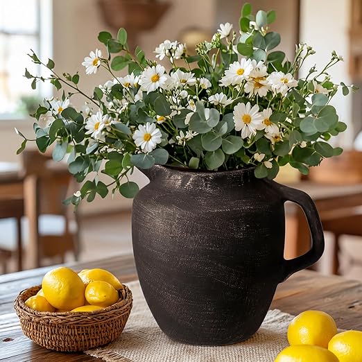 Rustic Kitchen Utensil Holder with Handle,7.48" H Ceramic Vintage Utensil Crock for Countertop, Farmhouse Kitchen Decoration Ceramic Pot for Spatulas Spoons Tongs(Novelty,Antique Black Gold)