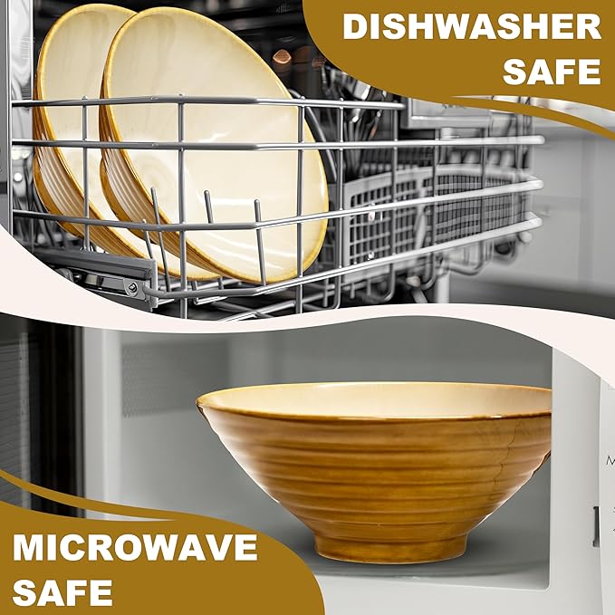 9.4-Inch 2 Sets Ceramic Ramen Bowl (8 Piece) - Japanese Porcelain Dishwasher Microwave Safe Salad Noodles Cereal Pasta Soup Large Bowls with Chopsticks Forks Spoons for Men Women Housewarming Gift