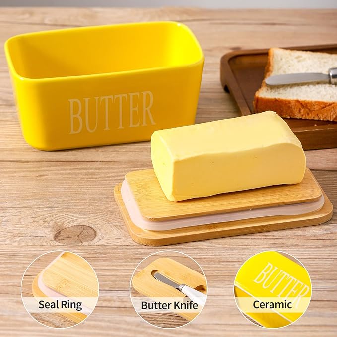 Hasense Porcelain Butter Dish with Lid, Ceramic Butter Dish with Lid Holds For Countertop, Butter Holder with Knife for East West Coast Butter, Airtight Covered Butter Container for Kitchen, Yellow